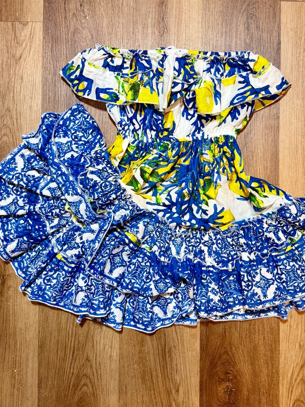 Off-Shoulder Blue & Yellow Floral Mini Dress